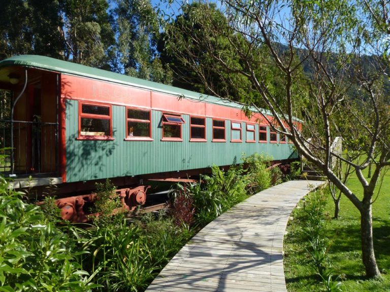 Train carriage at On the Track Lodge Nydia Bay